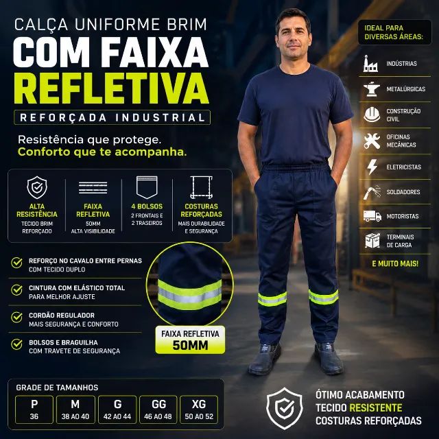 Calça Uniforme Brim Com Faixa Refletiva Reforçada Industrial