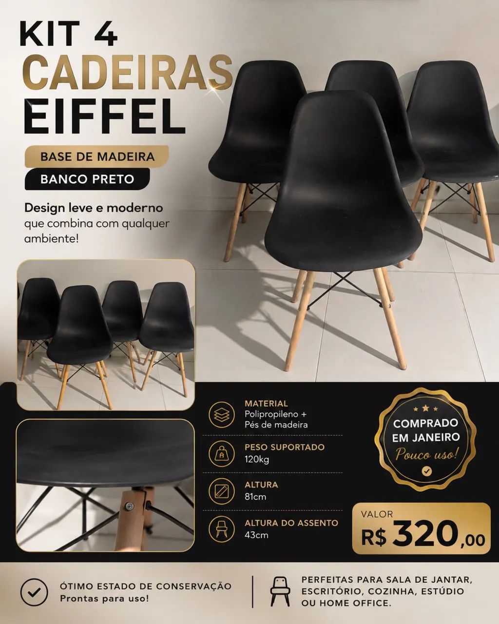 Kit 4 cadeiras elfe pés de madeira 