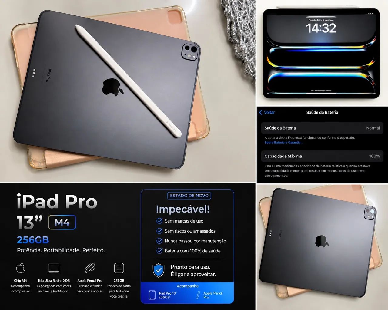 iPad Pro M4 13インチ & 最新Apple pencil iPad Pro M4 13? 256GB Impecável | Apple Pencil Pro | Bateria 100