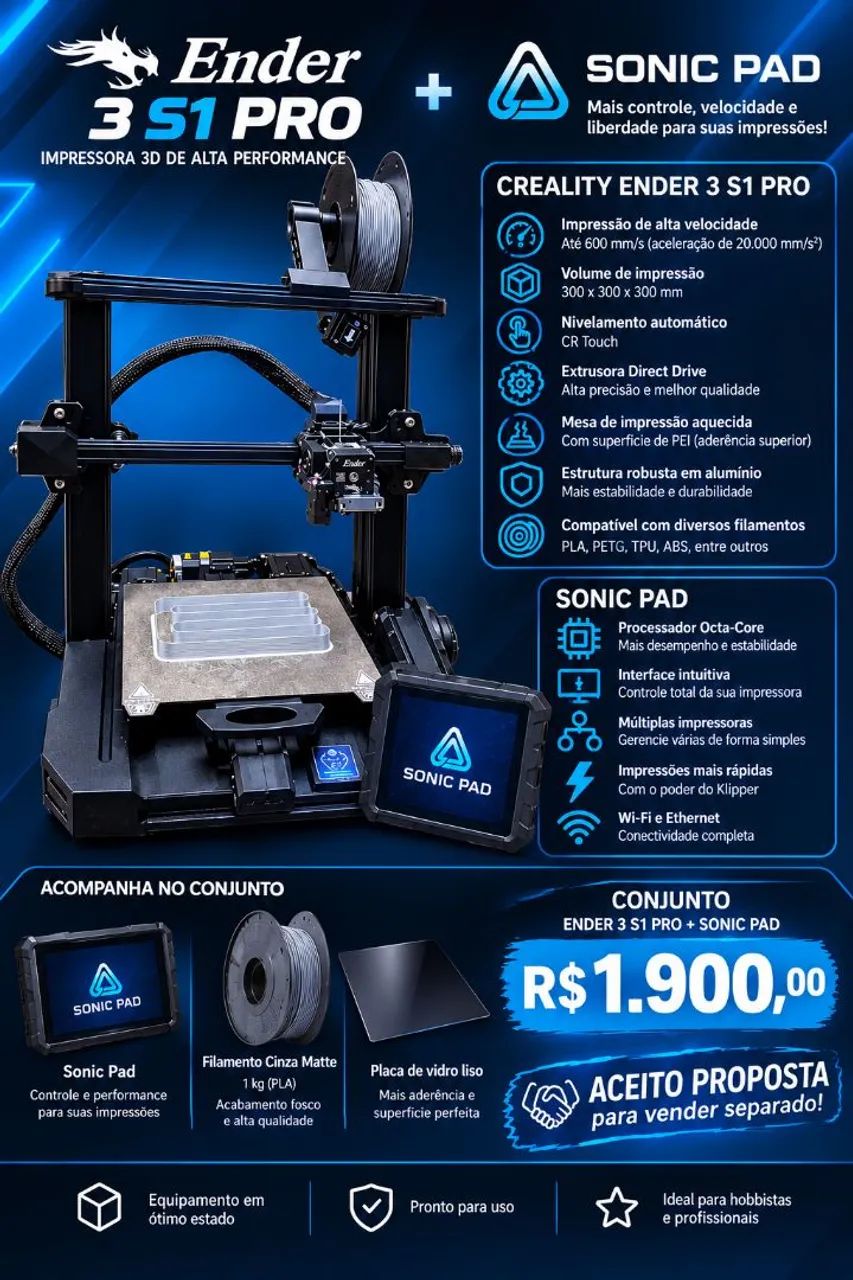 Impressora 3D Ender 3 S1 Pro + Sonic Pad
