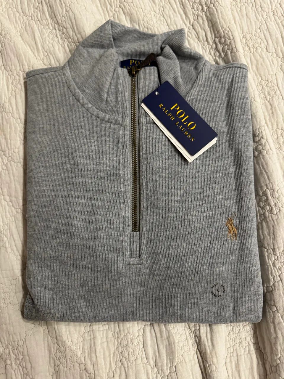 Quarterzip ralph Lauren cinza com cavalo marrom 