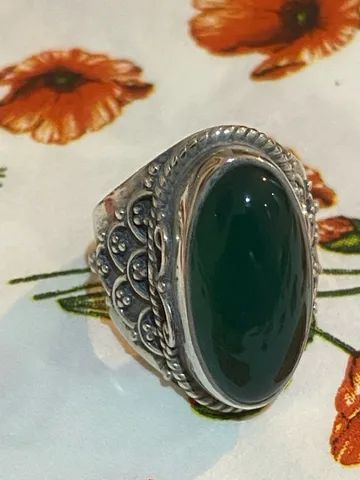 Anel Jade Verde natural e prata 925 Aro 17 - Foto 2