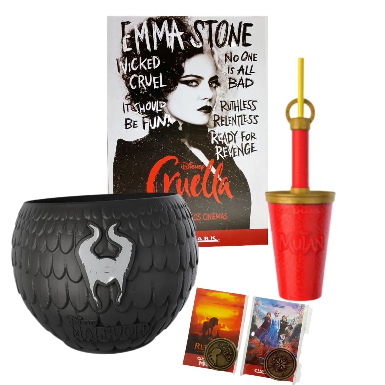 Kit balde copo moeda poster Disney Cinemark malévola cruella Mulan Frozen princesa geek