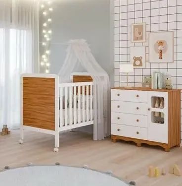 Comoda Uli 1 Porta + Berço Cama Americano Cloe, 100% MDF - Peroba