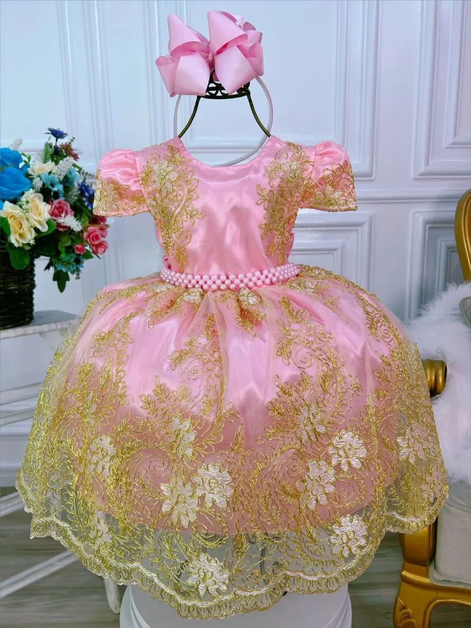 Vestido Infantil Rosa Renda e Tule Dourada Realeza Luxo Roupas