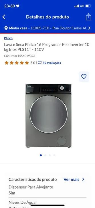 Lava e Seca Philco 16 Programas Eco Inverter 10kg Inox PLS11T - 110V