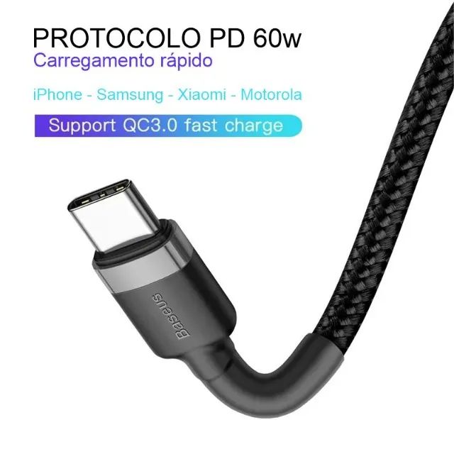 Cabo Baseus Tipo C nos Dois Lados 60W 3A Turbo Reforçado Android iPhone 15 e 16 - Foto 5