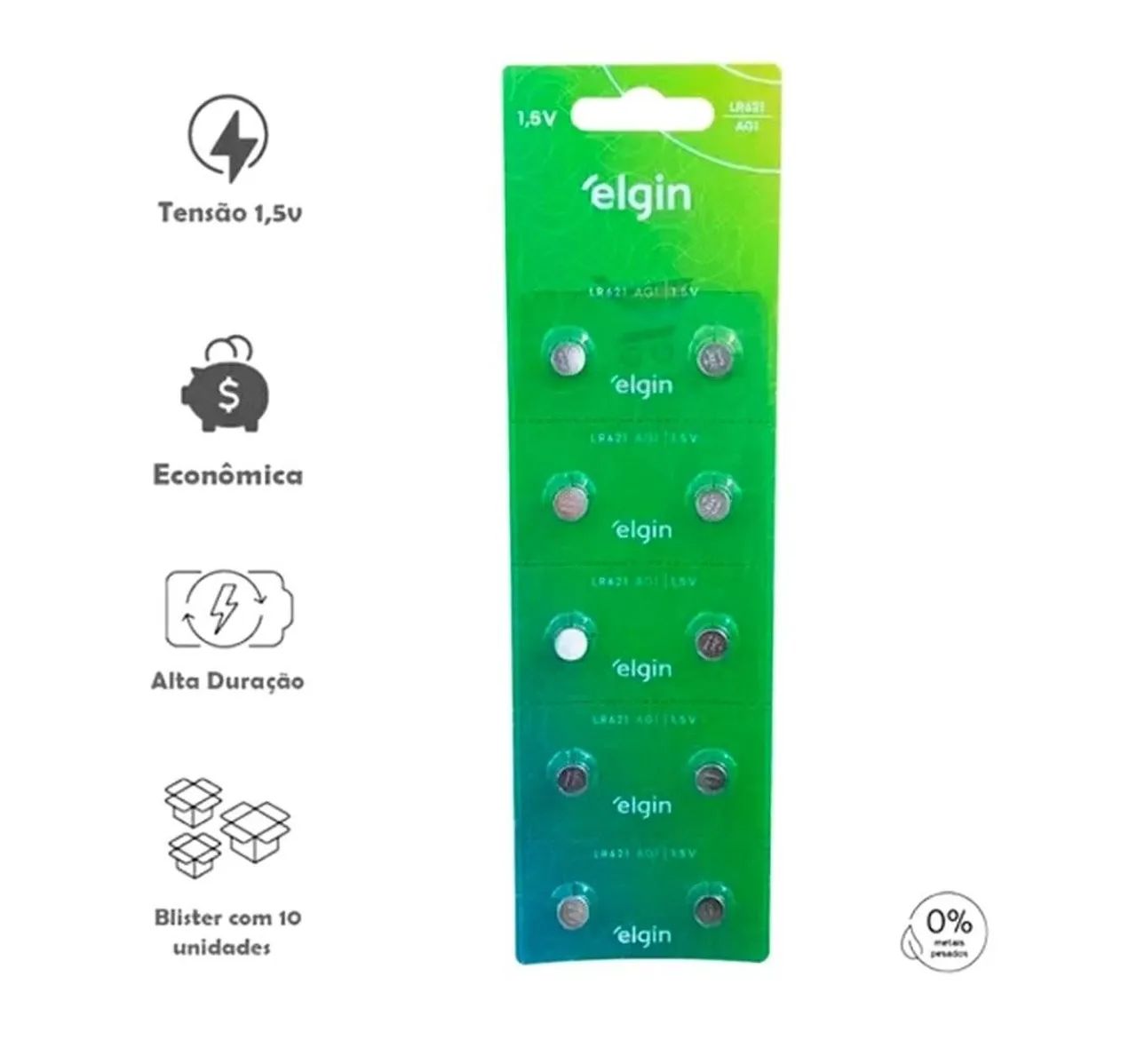 Bateria Elgin LR621 AG1 1,5V - Blister com 02 unidades