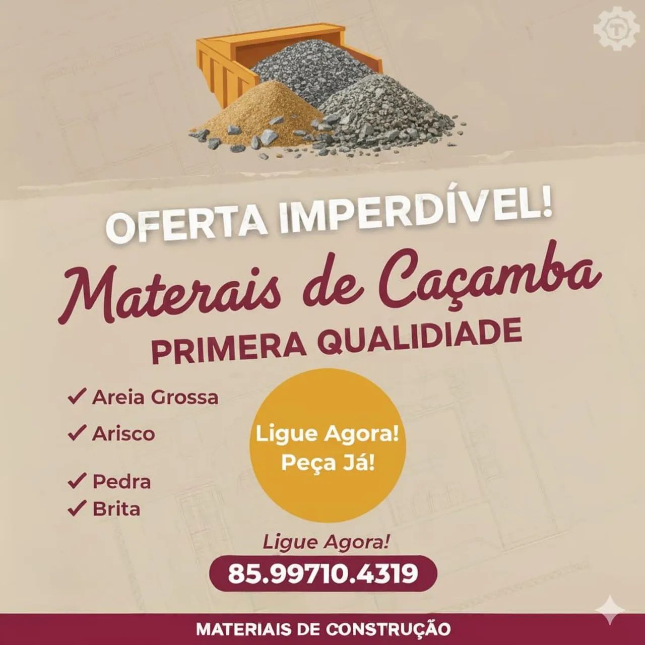 Areia grossa, pedra, arisco e pedra pra alicerce 