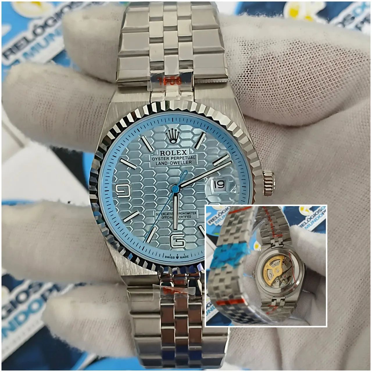RELOGIO ROLEX LAND DWILLER ICE BLUE AUTOMÁTICO FUNDO BRANCO
