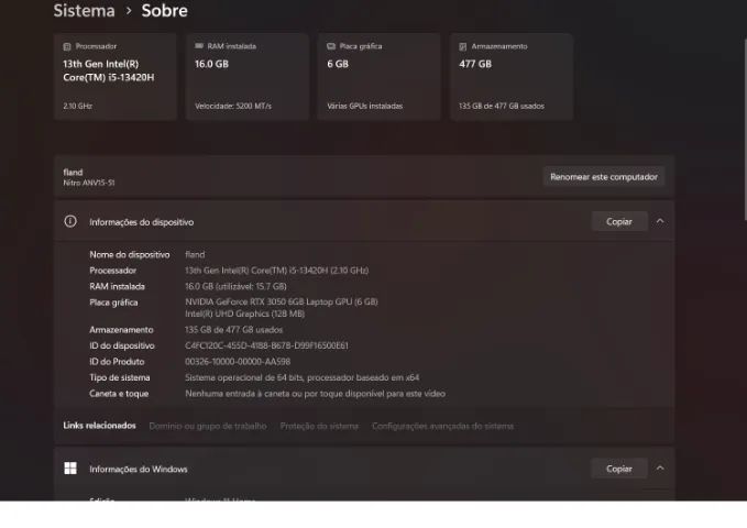 Notebook Acer Nitro V15 - 16gb RAM DDR5 - RTX 3050 6GB