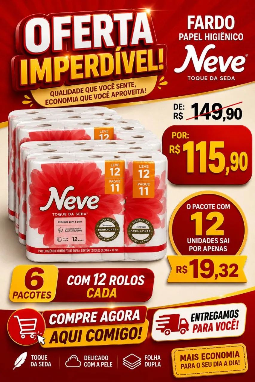 Papel higiênico Neve fardo com 6 pacotes de 12 rolos de 30  metros