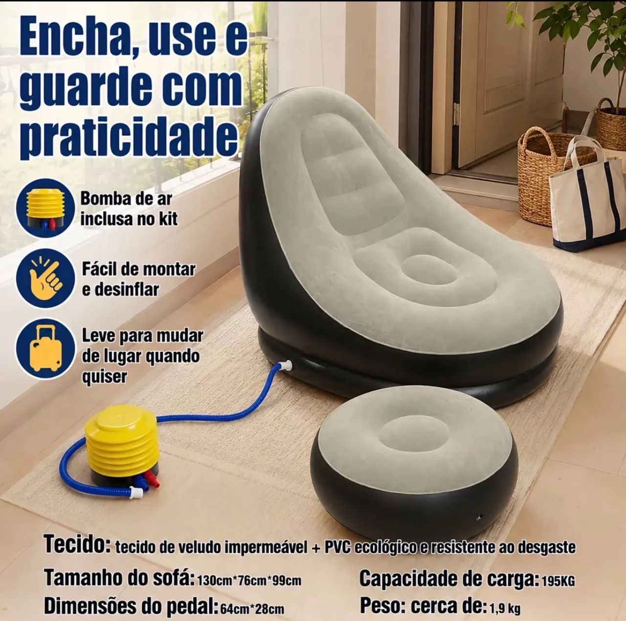 Poltrona Inflável Com Puff + Bomba de Encher  - Foto 2
