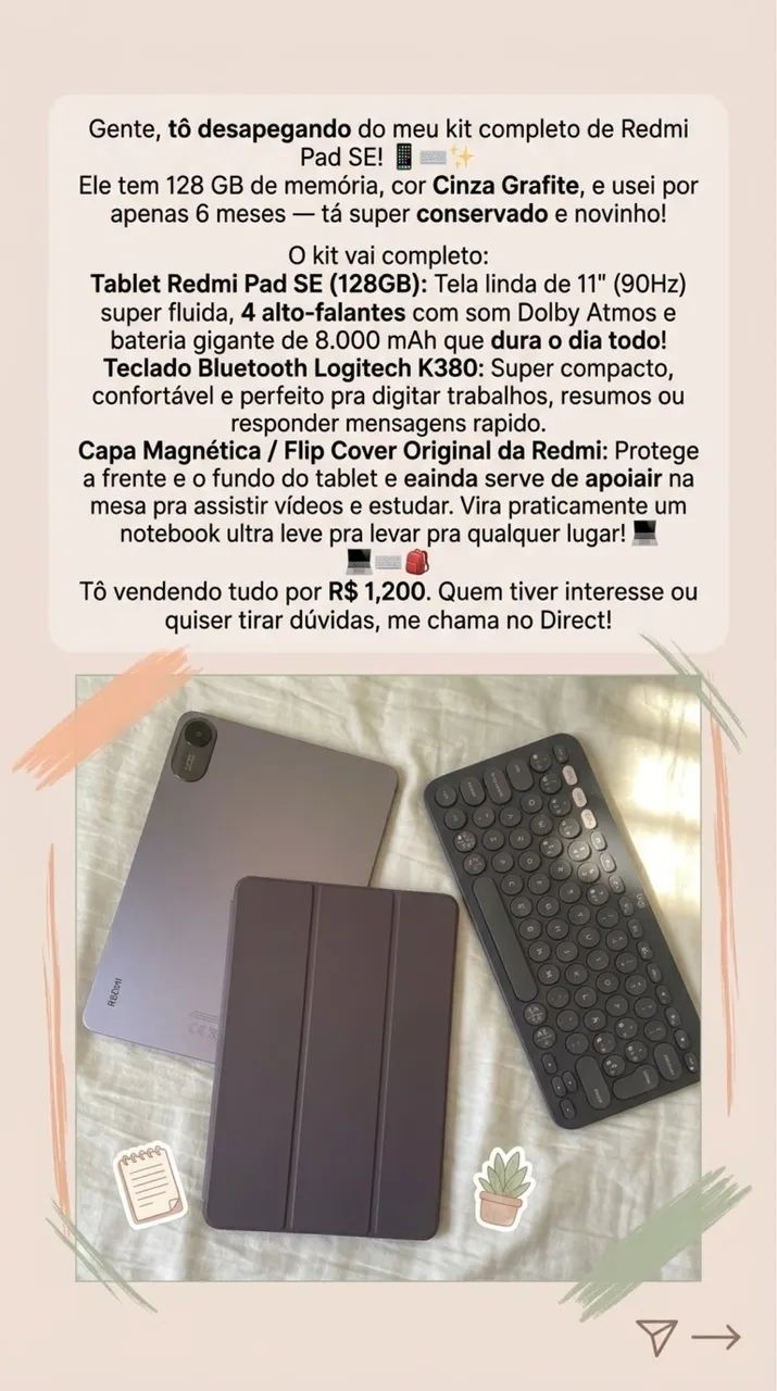 Kit redmi pad 2 128GB com teclado logitech por Bluetooth e capinha original do tablet