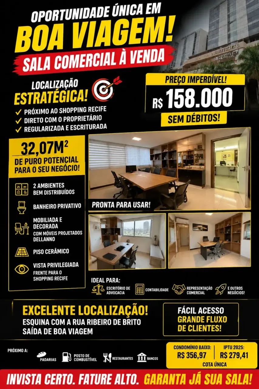 R$ 158 MIL EM BOA VIAGEM! SALA COMERCIAL PRONTA E A 2 PASSOS DO SHOPPING RECIFE!