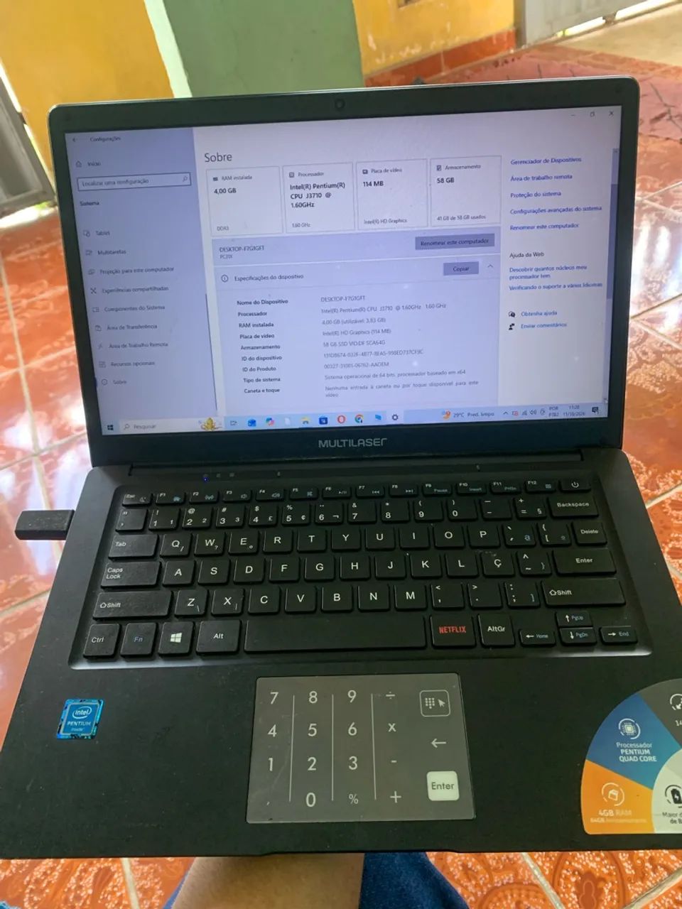 Título: Notebook Multilaser Quad Core Pentium 4GB (Algumas teclas falhando)