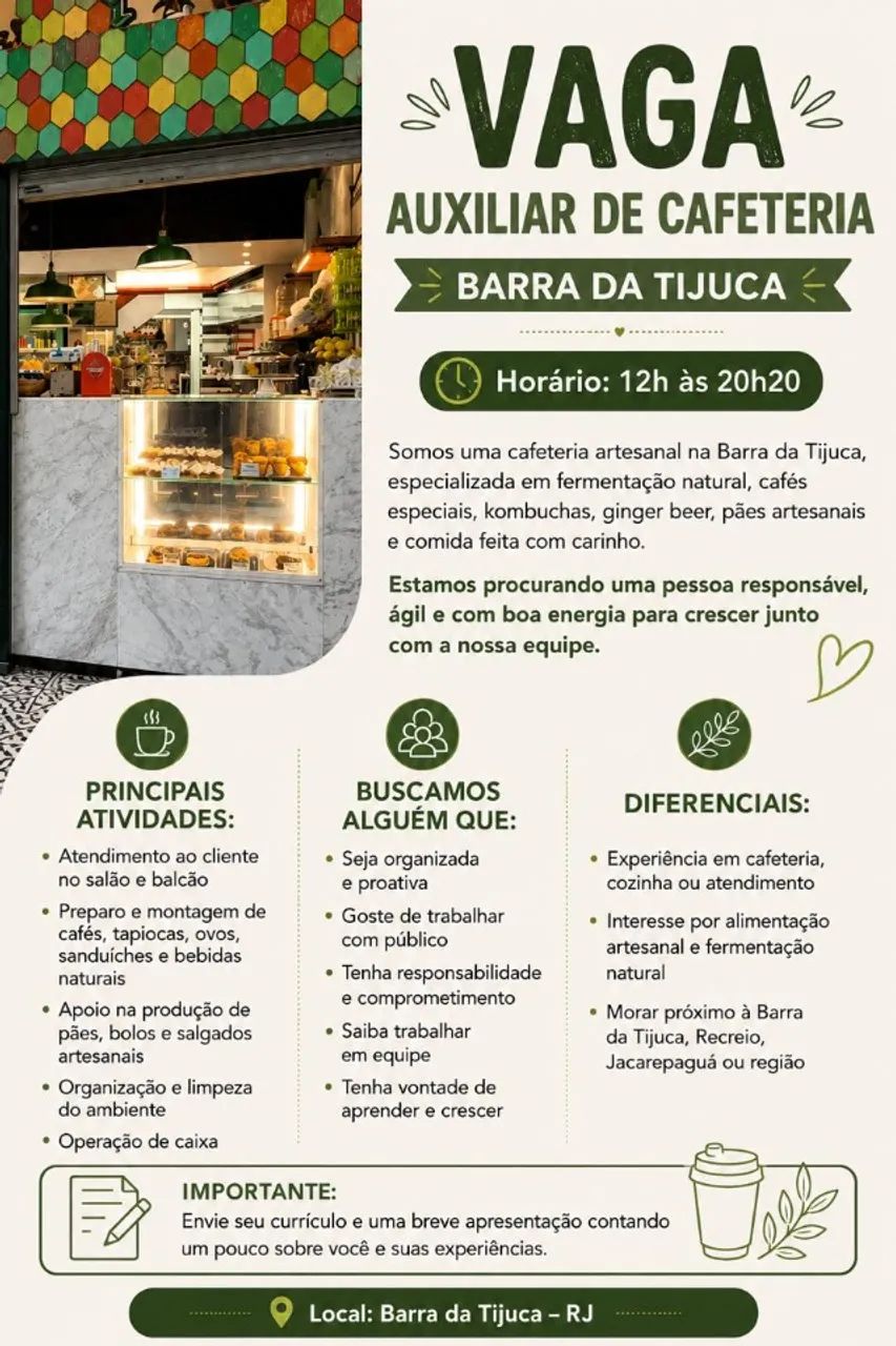 OPORTUNIDADE -  ATENDIMENTO & AUXILIAR DE COZINHA/ TB ACEITAMOS ESTÁGIARIOS