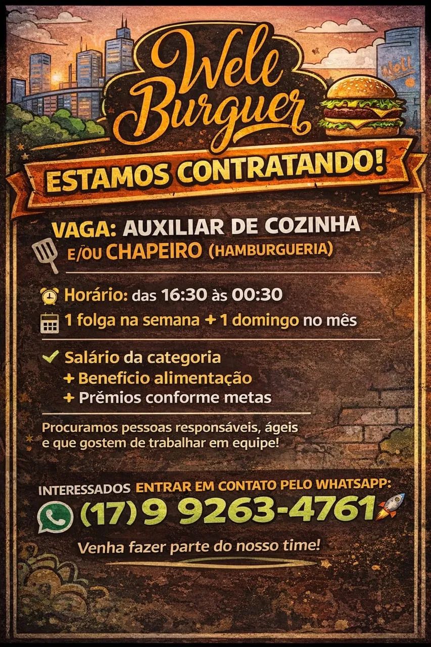 Well Burguer contrata aux de cozinha ou chapeiro