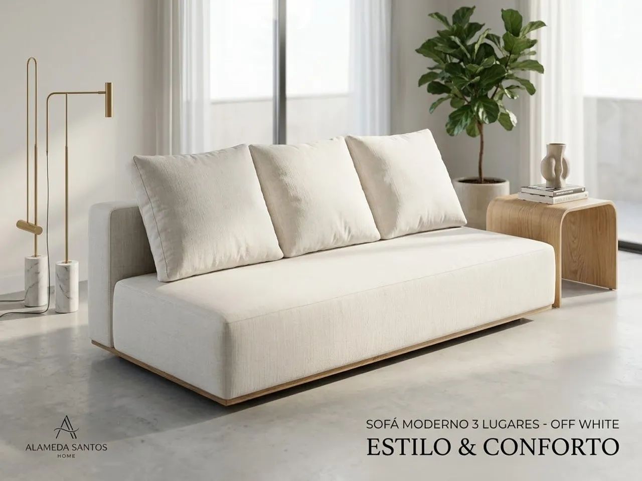 Sofá 3 Lugares Off-White Design Moderno com Almofadas Soltas