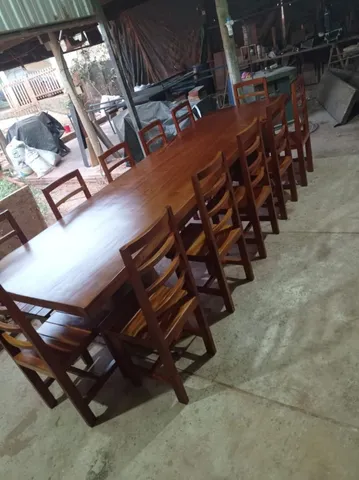 Conjunto Mesa Rústica Redonda Sextavada (1,20Mts x 1,20mts x 4cm) com 6  Cadeiras Rústicas Coloniais, tudo em Madeira Maciça de Cedro – 06 lugares