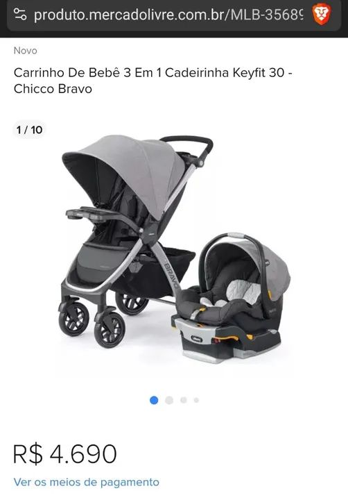 Carrinho De Bebê 3 Em 1 Com Cadeira Para Carro, Keyfit 30, Chicco Bravo, Cinza E Preto - Foto 5