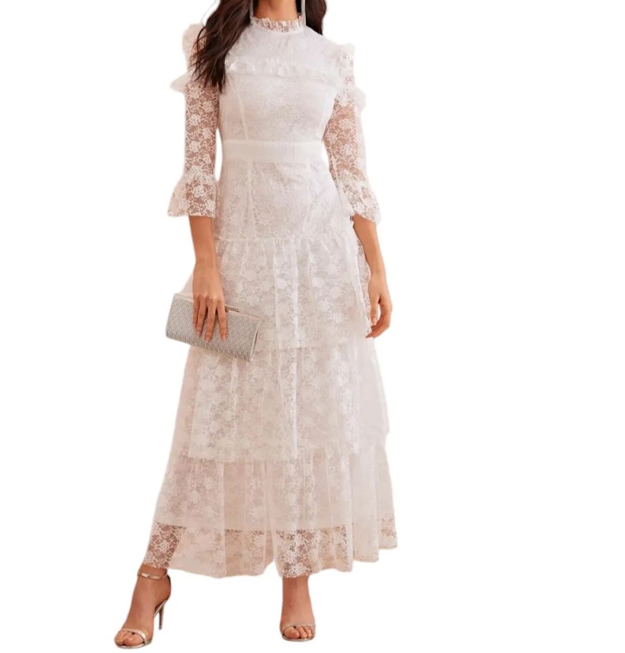 Vestido Branco Rendado Longo Elegante