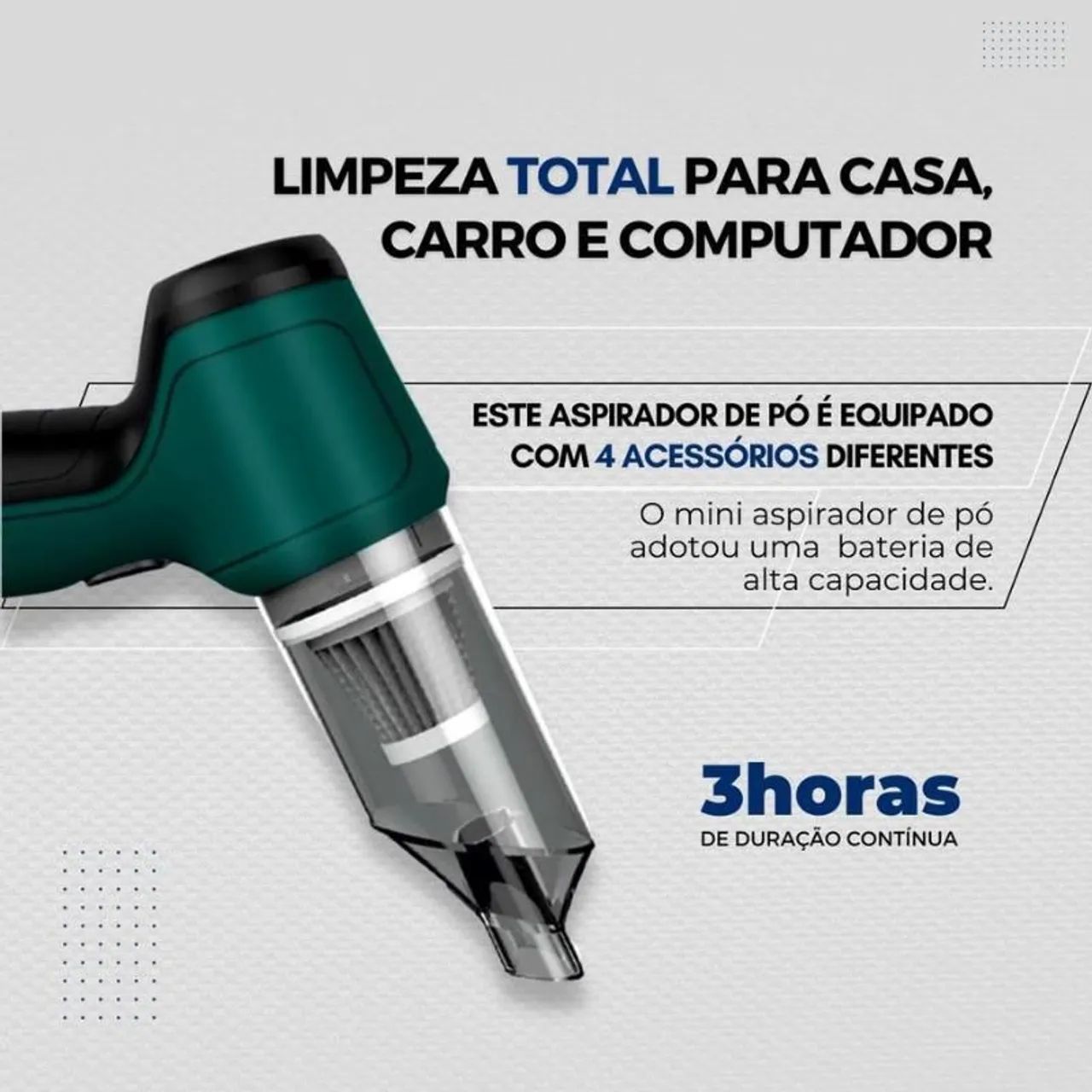 Aspirador de Pó Portátil 3 Horas de Uso Contínuo, 4 Acessórios.