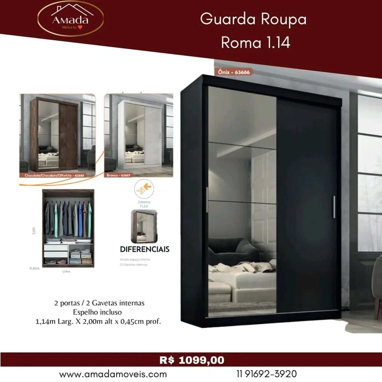 Guarda-Roupa Roma 1.14 - 2 Portas - Espelho - entrega em 3 Dias 
