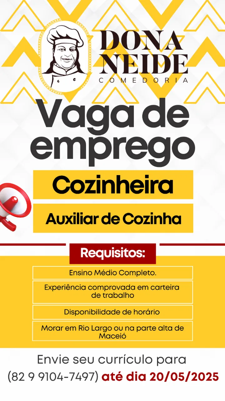 Vaga de emprego - Cozinheira - Auxiliar de Cozinha