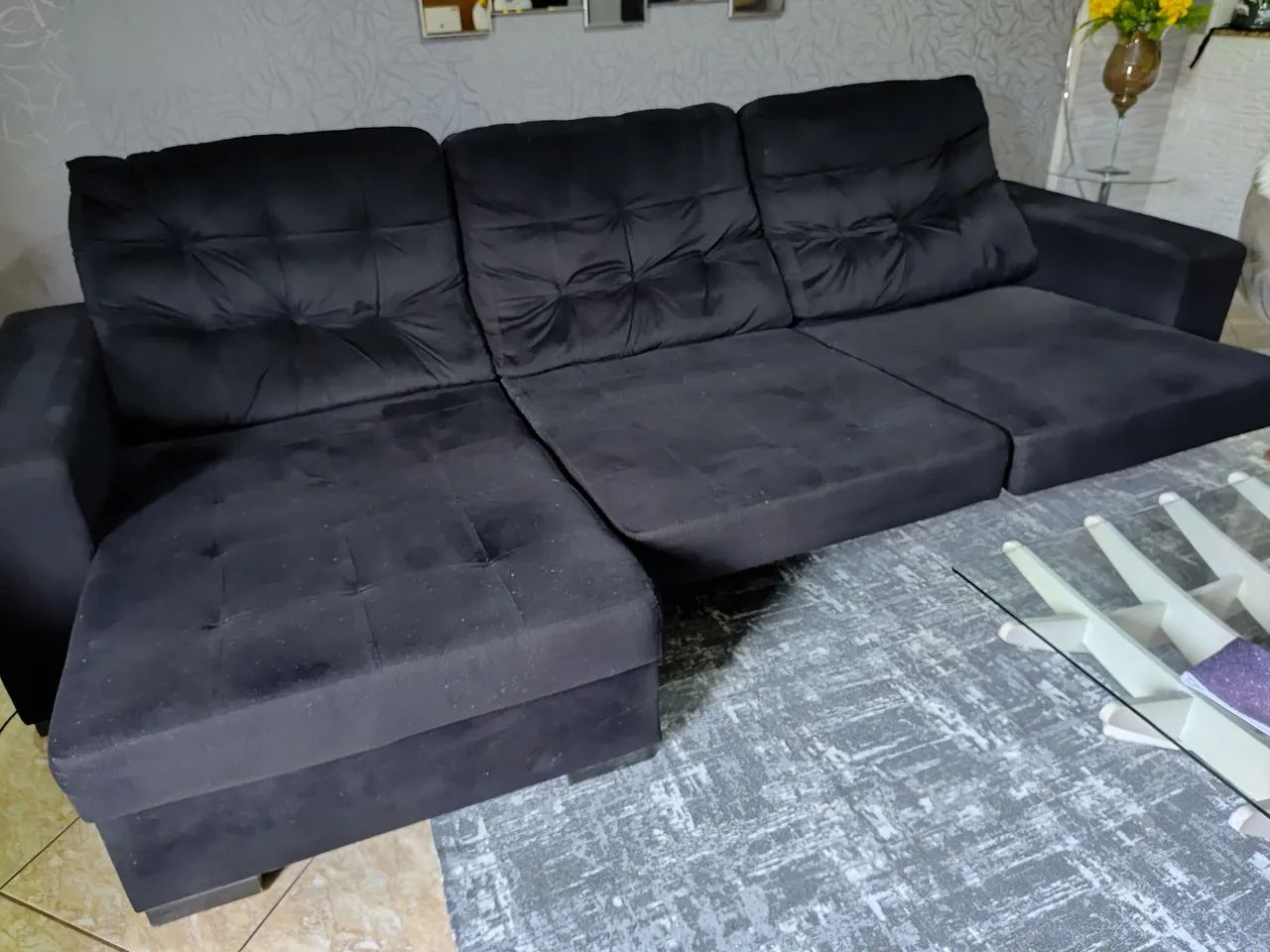 Sofá retrátil 3,20 reclináveis, 1 módulo fixo e 2 retrátil, cor preto,tecido sued - Foto 2