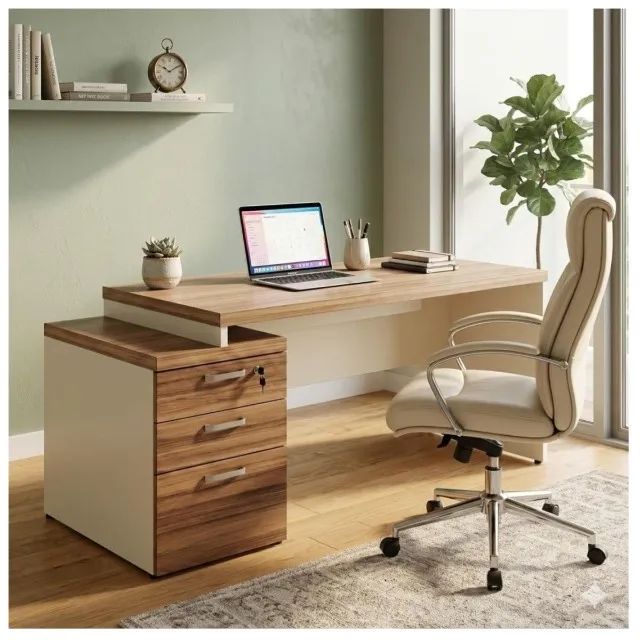 Mesa Para Escritório Com Gaveteiro E Fechadura Tampo Reforçado Amadeirado - 34405 - Foto 3