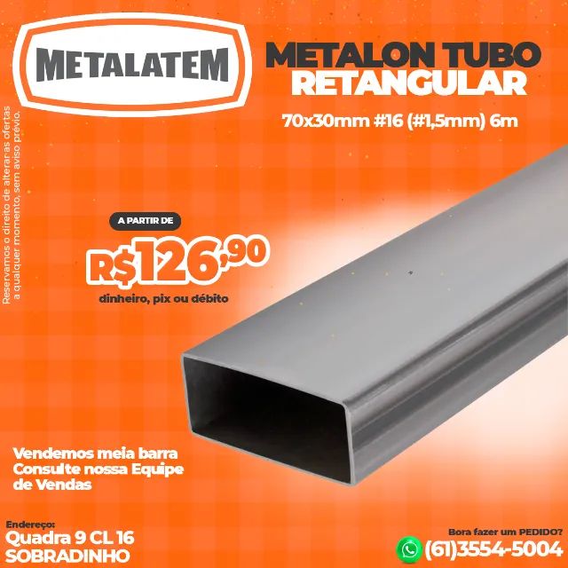 Tubo Metalon Retangular 70x30 #16 (#1,5mm) - 6 Metros