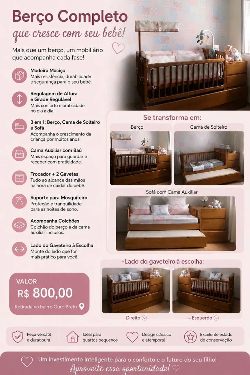 Berço que vira cama, com cama auxiliar 3 em 1