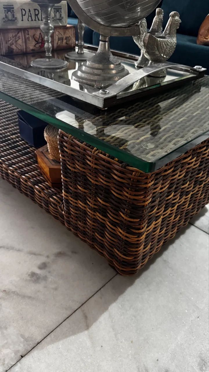 Aceito proposta! Mesa de Centro Retangular de Fibra / Palha c/ Vidro - Foto 4