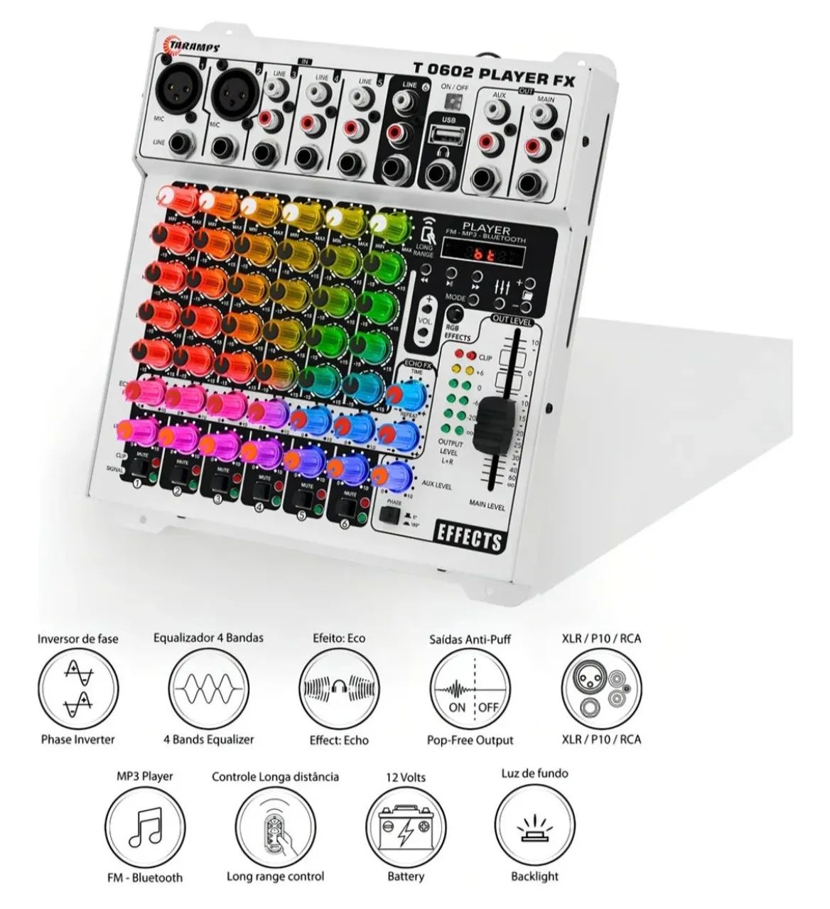 Mesa de áudio taramps T0602 player multicolor com Bluetooth e controle longa distância 