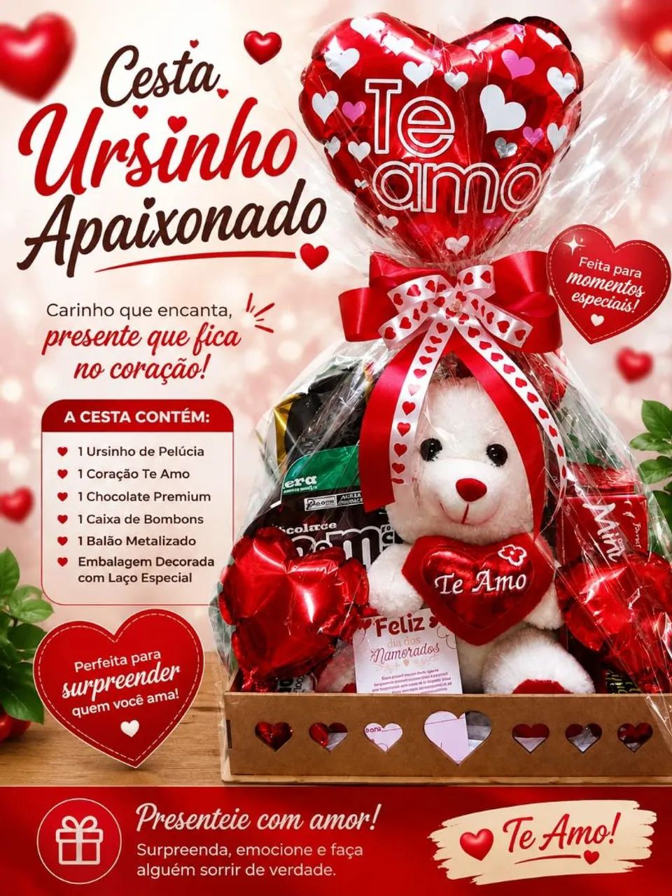 Cesta de Chocolates Romântica Com Ursinho e Mensagem. 