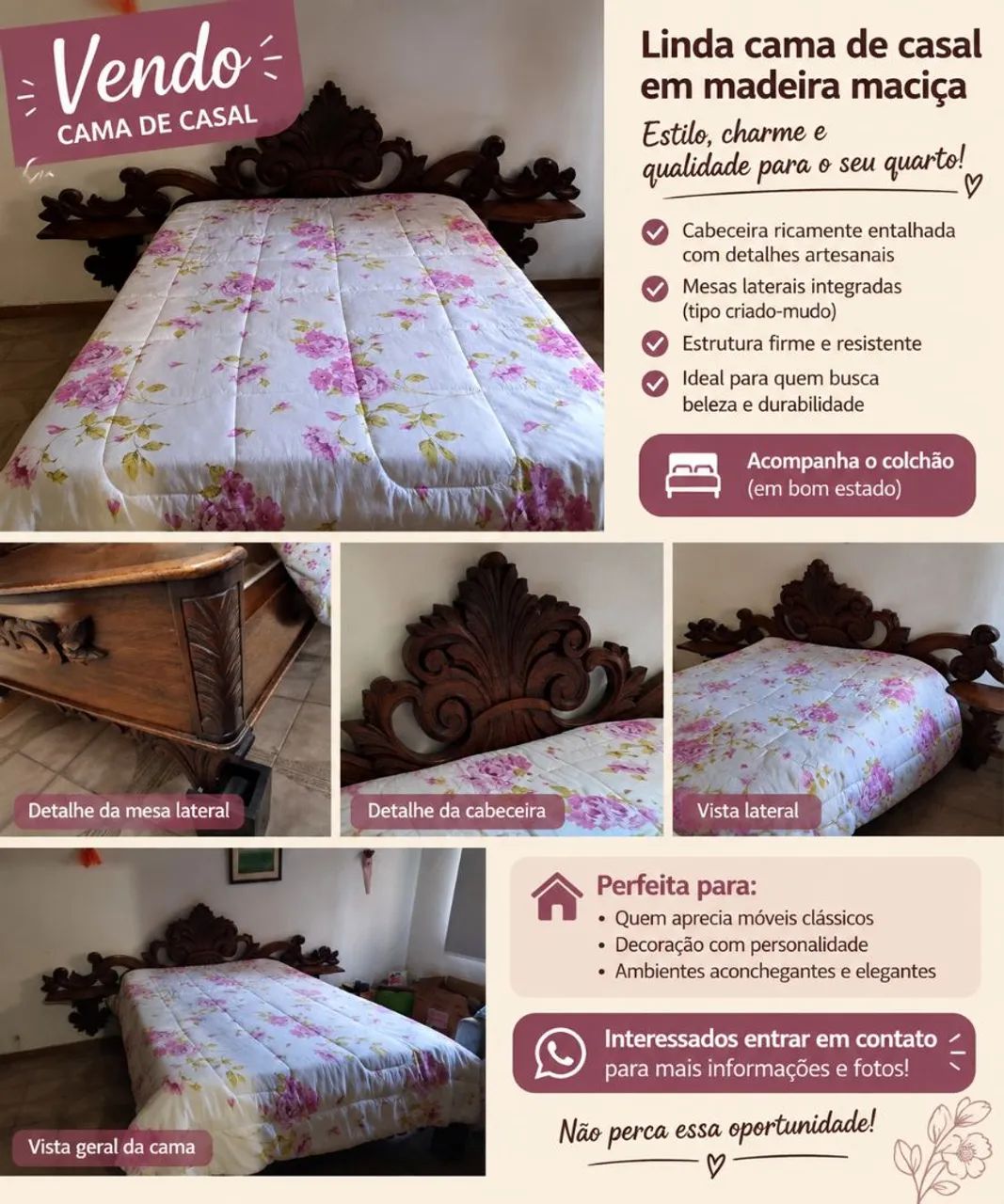 Cama Casal de Madeira trabalhada 