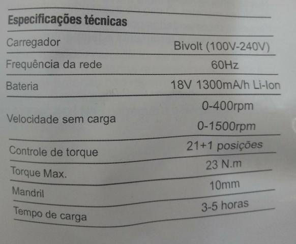 FURADEIRA e PARAFUSADEIRA 18V FORT - $ 250,00 - Foto 3