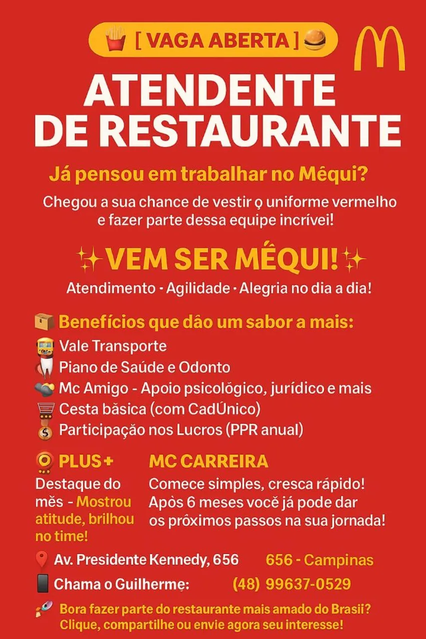 Vaga atendente mc dobalds kobrasol