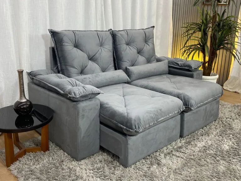 Sofá Retrátil Reclinável 2 Lugares 200cm Veludo Cinza