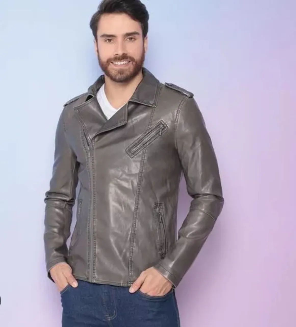 Jaqueta de Couro  sintético Masculina Cinza