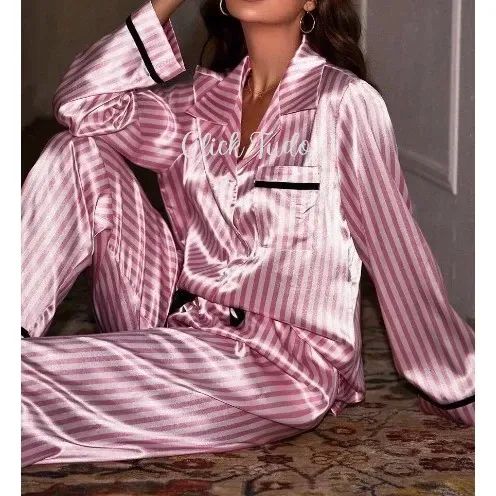 Pijama Feminino Listra Manga Longa Rosa Americano Moda - Foto 2