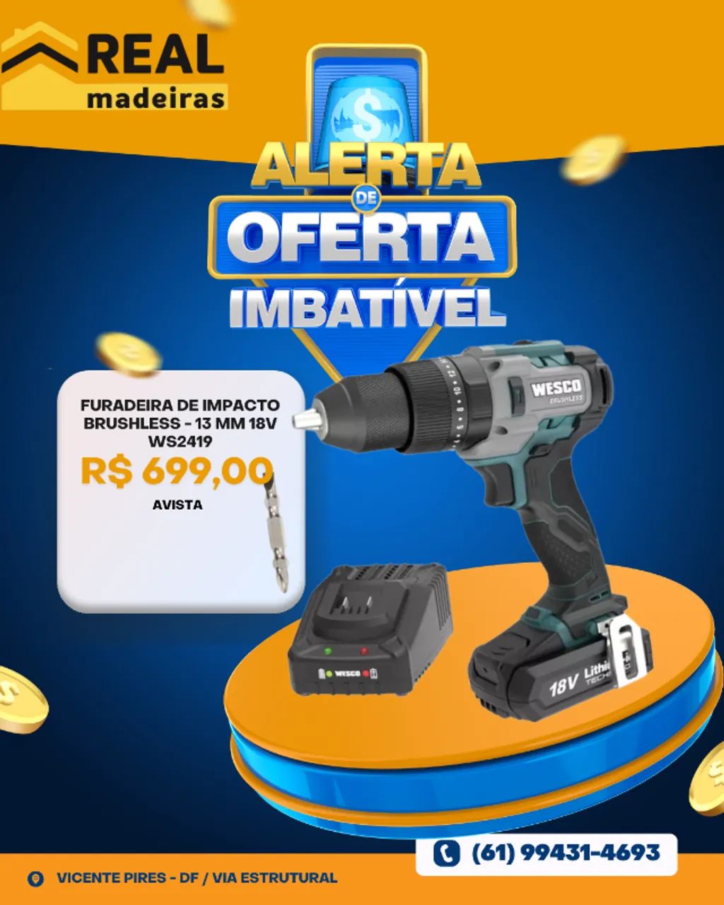 Furadeira Parafusadeira de Impacto Bateria 18V 2Ah Brushless 13mm (1/2") WS2419