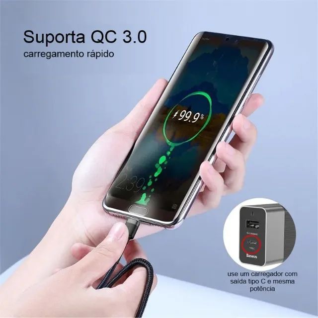 Cabo Baseus Tipo C nos Dois Lados 60W 3A Turbo Reforçado Android iPhone 15 e 16 - Foto 3
