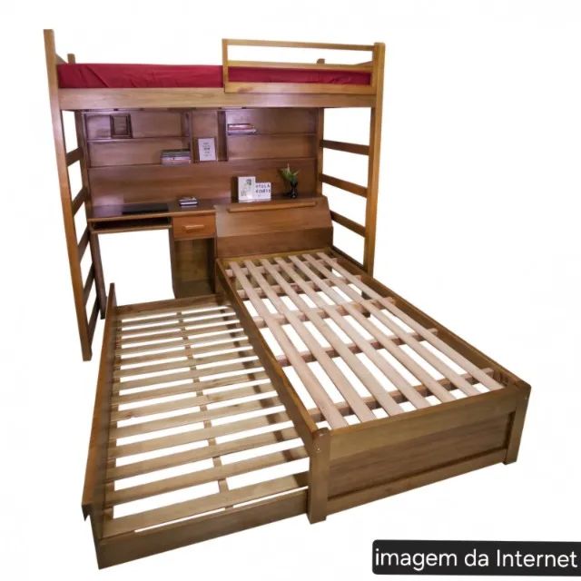 Triliche de Madeira Maciça Antiga - Com Colchão, Estante, Baú e Mesa