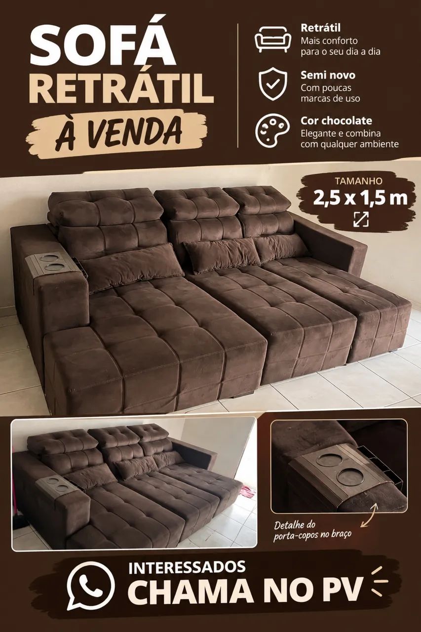Sofá Retrátil 2,50m Semi Novo - Cor Chocolate - Foto 4