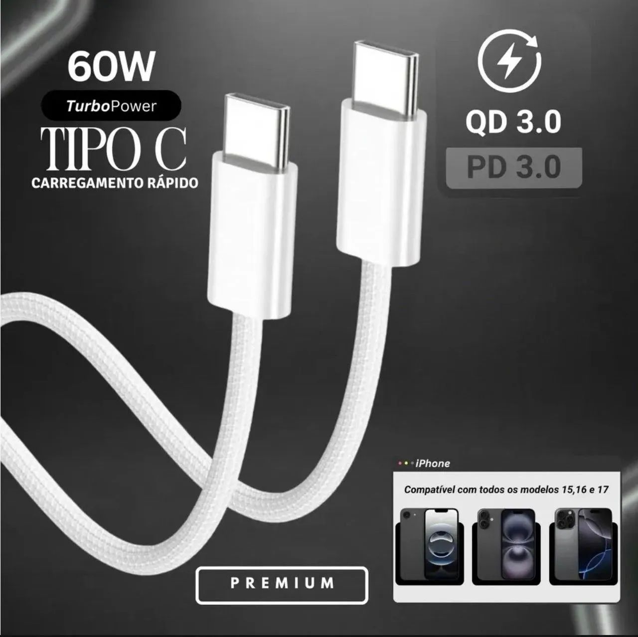 Cabo USB-C Duplo Premium Carregamento Rápido 60W PD Trançado Compatível com iOS e Android  - Foto 5