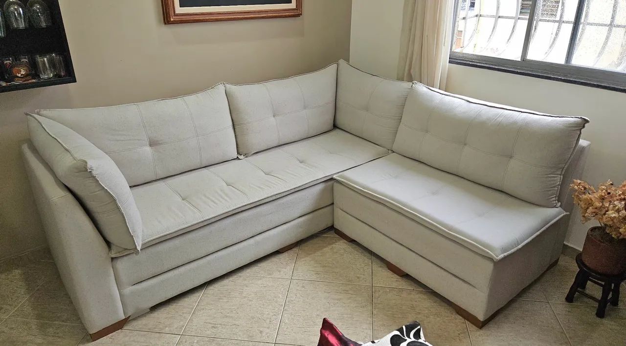 Sofá Canto Modular em L - Cinza claro em linho