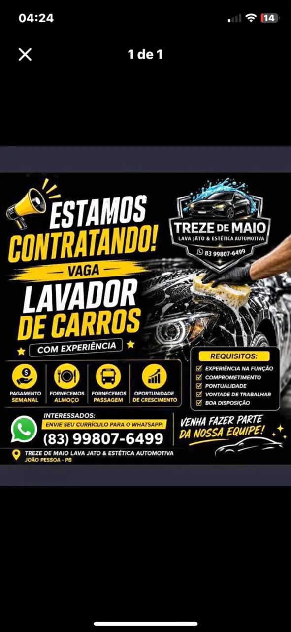 VAGA LAVADOR DE CARROS E ACABAMENTO