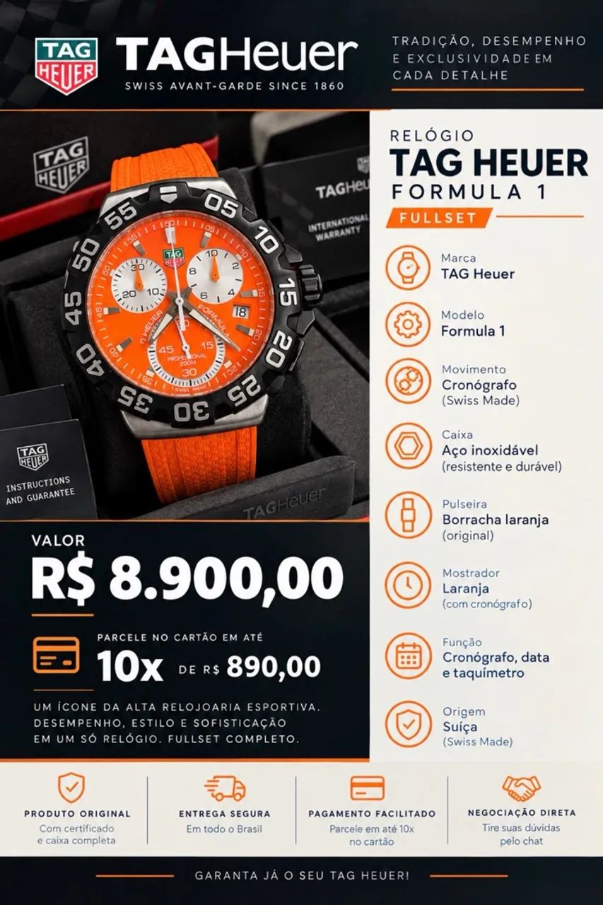 Relógio TAG F1 Laranja Cronógrafo  - Foto 5